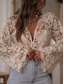baratos Tops de Renda-Mulheres Top de emenda de renda Renda Patchwork Côr Sólida à moda Casual Manga Longa Decote V Tops regulares Diário Bege Verão Primavera