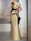 cheap YELLOW-Sheath Evening Gown Elegant Dress Formal Wedding Guest Floor Length Short Sleeve V Neck Satin with Ruffles Embroidery Appliques