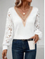 cheap Lace Tops-Women&#039;s Shirt Solid Color Elegant Stylish Basic Long Sleeve V Neck Regular Tops Daily Lace Patchwork White Summer Spring