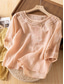 cheap Shirts-Women&#039;s Shirt Cotton Linen Shirts Blouse Solid Color Basic Casual 3/4 Length Sleeve Crew Neck Regular Tops Daily Lace Patchwork Black Yellow Pink Green Summer