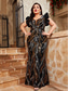 cheap BLACK-Mermaid / Trumpet Evening Gown Elegant Dress Formal Wedding Floor Length Short Sleeve V Neck Sequined V Back with Sequin