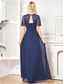cheap BLUE-A-Line Quinceanera Dresses Elegant Dress Formal Wedding Floor Length Short Sleeve Crew Neck Chiffon with Pleats