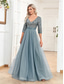 preiswerte Semi-formal / Cocktail-A-Linie Quinceanera Kleider Elegantes Kleid Formal Hochzeit Bodenlänge Halbe Ärmel V-Ausschnitt Tüll mit Pailletten