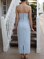 cheap Cocktail Dresses-Blue Sheath / Column Cocktail Dresses Detachable Cape Stretch Crepe Elegant Dress Formal Wedding Tea Length Sleeveless Off Shoulder  with Floral Beading Lace