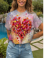cheap Floral tee-Women&#039;s T Shirt Heart Floral Graphic Vintage Stylish Classic Short Sleeve Crew Neck Round Neck Regular Tops Daily Print Pink Red Blue Purple Brown Summer