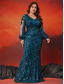 voordelige BLAUW-Zeemeermin  Trompet Plus Size Jurken Elegante Curve Jurk Formele Bruiloft Vloerlengte Lange Mouw V Hals Pailletten met Pailletten 2025