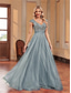 cheap BLUE-A-Line Quinceanera Dresses Elegant Dress Formal Wedding Floor Length Sleeveless V Neck Tulle V Back with Sequin