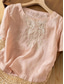 cheap Shirts-Women&#039;s Cotton Linen Shirts Solid Color Elegant Stylish Basic Short Sleeve Crew Neck Regular Tops Daily Embroidered Pink Purple Apricot Summer Spring