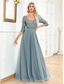 preiswerte Semi-formal / Cocktail-A-Linie Quinceanera Kleider Elegantes Kleid Formal Hochzeit Bodenlänge Halbe Ärmel V-Ausschnitt Tüll mit Pailletten