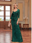 ieftine albastru-Rochii de Quinceanera sirenă  trompetă Rochie elegantă Nuntă formală Lungime la podea Mâneci lungi Decolteu în formă de inimă Cu mărgele cu paiete