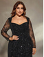 economico NERO-Sirena  Abito da sera a tromba Abito elegante Matrimonio formale Lunghezza del pavimento Maniche lunghe Scollo a cuore Tulle con spacco