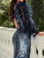 baratos Vestidos de Festa Sereia-Sereia Cauda Escova Vestidos de baile Vestidos de noite Vestido de Baile Vestido formal Elegante Estilo Celebridade Sedoso Sem Manga Assimétrico Festa de Jardim Casamento Paetês com Penas