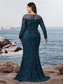billiga BLÅ-Havfrue  Trumpet Plus Size Klänningar Elegant Curve Klänning Formell Bröllop Golvlängd Långärmad Rundhals Polyester med Slits 2025