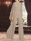 preiswerte Overalls für Mütter-Overall Hosenanzug Bodenlang Brautmutterkleid Dreiviertelarm Rundhalsausschnitt Elegant Einfach Minimalistisch Formell Hochzeitsgast Chiffon mit Gerafft