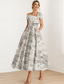 cheap Cocktail Dresses-Jacquard Brocade Floral  A-Line Cocktail Dresses Elegant Dress Formal Wedding Guest Ankle Length Short Sleeve One Shoulder Pocket Nylon with Bow(s) Pocket