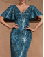 cheap BLUE-Mermaid / Trumpet Quinceanera Dresses Elegant Dress Formal Wedding Floor Length Short Sleeve V Neck Polyester V Back with Sequin