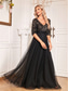 preiswerte Semi-formal / Cocktail-A-Linie Quinceanera Kleider Elegantes Kleid Formal Hochzeit Bodenlänge Halbe Ärmel V-Ausschnitt Tüll mit Pailletten
