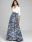cheap Floor Length-Blue Jacquard Brocade A-Line Mother of the Bride Dress Elegant Vintage Shirt Collar Floor Length Stretch Fabric Long Sleeve with Bow(s) Color Block