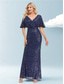 cheap BLUE-Mermaid / Trumpet Quinceanera Dresses Elegant Dress Formal Wedding Floor Length Short Sleeve V Neck Polyester with Glitter 2025