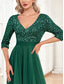 preiswerte Semi-formal / Cocktail-A-Linie Quinceanera Kleider Elegantes Kleid Formal Hochzeit Bodenlänge Halbe Ärmel V-Ausschnitt Tüll mit Pailletten