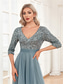preiswerte Semi-formal / Cocktail-A-Linie Quinceanera Kleider Elegantes Kleid Formal Hochzeit Bodenlänge Halbe Ärmel V-Ausschnitt Tüll mit Pailletten