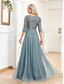 preiswerte Semi-formal / Cocktail-A-Linie Quinceanera Kleider Elegantes Kleid Formal Hochzeit Bodenlänge Halbe Ärmel V-Ausschnitt Tüll mit Pailletten