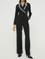 cheap Mom&#039;s Jumpsuits-Black and White Jumpsuit / Pantsuit Mother of the Bride Jumpsuit Elegant Simple Minimalist V Neck Lapel Binding Floor Length Crepe Stretch Fabric Covered Buttons Long Sleeve with Color Block
