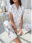 billige Søvnoverdeler og -nederdeler for kvinner-Dame Pyjamas Sett Fritid Komfort Blomstret Sommerfugl Lapper Elastisk midje Skjorte Bukse Hjem Daglig Kortermet V-hals Lys Rosa Hvit Rosa Rød Sommer Vår Normal