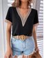 cheap Lace Tops-Women&#039;s Blouse Solid Color Elegant Stylish Basic Short Sleeve V Neck Regular Tops Daily Lace Patchwork Black White Navy Blue Beige Summer