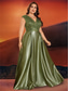 cheap CHAMPAGNE-A-Line Plus Size Dresses Elegant Curve Dress Formal Wedding Floor Length Short Sleeve V Neck Satin Backless with Pleats 2025