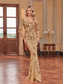 ieftine albastru-Rochii de Quinceanera sirenă  trompetă Rochie elegantă Nuntă formală Lungime la podea Mâneci lungi Decolteu în formă de inimă Cu mărgele cu paiete