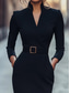 abordables Boda Casual / Durante el Día-Vestidos de Cóctel en Columna Negros Elegante Formal Invitados de Boda Longitud de Té Manga Larga Cuello de Camisa Cinturón  Cinta Crepé Elástico con Hendidura
