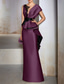 cheap YELLOW-Sheath Evening Gown Elegant Dress Formal Wedding Guest Floor Length Short Sleeve V Neck Satin with Ruffles Embroidery Appliques
