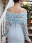 cheap Cocktail Dresses-Blue Sheath / Column Cocktail Dresses Detachable Cape Stretch Crepe Elegant Dress Formal Wedding Tea Length Sleeveless Off Shoulder  with Floral Beading Lace
