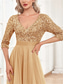 preiswerte Semi-formal / Cocktail-A-Linie Quinceanera Kleider Elegantes Kleid Formal Hochzeit Bodenlänge Halbe Ärmel V-Ausschnitt Tüll mit Pailletten