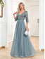 preiswerte Semi-formal / Cocktail-A-Linie Quinceanera Kleider Elegantes Kleid Formal Hochzeit Bodenlänge Halbe Ärmel V-Ausschnitt Tüll mit Pailletten