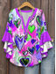 cheap Art&amp;Design Tops-Women&#039;s Blouse V Neck Heart Graphic Bohemia Vintage Daily 3/4 Length Sleeve Regular Tops Daily Holiday Print Red Blue Purple Green Summer Spring Fall
