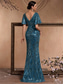 cheap BLUE-Mermaid / Trumpet Quinceanera Dresses Elegant Dress Formal Wedding Floor Length Short Sleeve V Neck Polyester V Back with Sequin