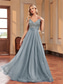 cheap BLUE-A-Line Quinceanera Dresses Elegant Dress Formal Wedding Floor Length Sleeveless V Neck Tulle V Back with Sequin