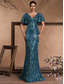 cheap BLUE-Mermaid / Trumpet Quinceanera Dresses Elegant Dress Formal Wedding Floor Length Short Sleeve V Neck Polyester V Back with Sequin