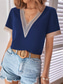 cheap Lace Tops-Women&#039;s Blouse Solid Color Elegant Stylish Basic Short Sleeve V Neck Regular Tops Daily Lace Patchwork Black White Navy Blue Beige Summer