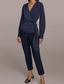 cheap Mom&#039;s Pant Suits-Two Piece Jumpsuit / Pantsuit Pantsuit Mother of the Bride Pantsuit Elegant Vintage Simple V Neck Ankle Length Satin Top Stretch Crepe Pants V Long Sleeve with Bow(s) Ruched