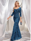 ieftine albastru-Rochii de Quinceanera sirenă  trompetă Rochie elegantă Nuntă formală Lungime la podea Mâneci lungi Decolteu în formă de inimă Cu mărgele cu paiete