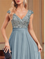 cheap BLUE-A-Line Quinceanera Dresses Elegant Dress Formal Wedding Floor Length Sleeveless V Neck Tulle V Back with Sequin