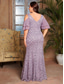 cheap Semi-formal / Cocktail-Mermaid / Trumpet Evening Gown Elegant Dress Formal Wedding Floor Length Short Sleeve V Neck Lace with Embroidery