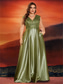 cheap CHAMPAGNE-A-Line Plus Size Dresses Elegant Curve Dress Formal Wedding Floor Length Short Sleeve V Neck Satin Backless with Pleats 2025