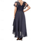 cheap Floor Length-A-Line Mother of the Bride Dress Elegant V Neck Tea Length Chiffon Short Sleeve with Solid Color