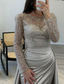 cheap CHAMPAGNE-Mermaid Sequin Evening Gown Ruched Champagne Satin Dress Long Sleeves Masquerade Floor Length Illusion Neck with Pearls Overskirt dress