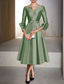 cheap Cocktail Dresses-A-Line Cocktail Dresses Elegant Dress Formal Wedding Guest Tea Length 3/4 Length Sleeve V Neck Satin with Pleats Dresses