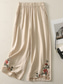 cheap Plain Cotton Linen Pant-Women&#039;s Cotton Linen Pants Chinos Ethnic Style Basic Casual Full Length High Waist Floral Embroidered Pocket Elastic Waist Comfort Outdoor Micro-elastic Vacation Street Daily Khaki Beige Summer